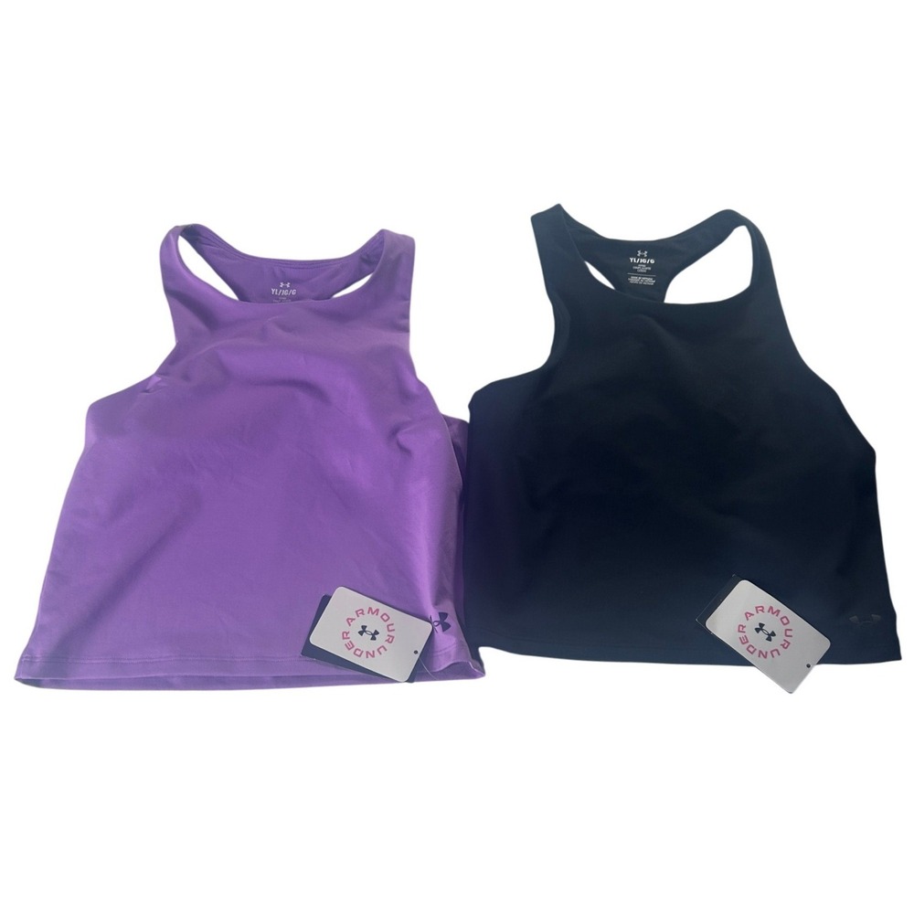 Lot‎ 2 Under Armour Girls Motion Crop Tank Top Black & Purple Youth Large NWT